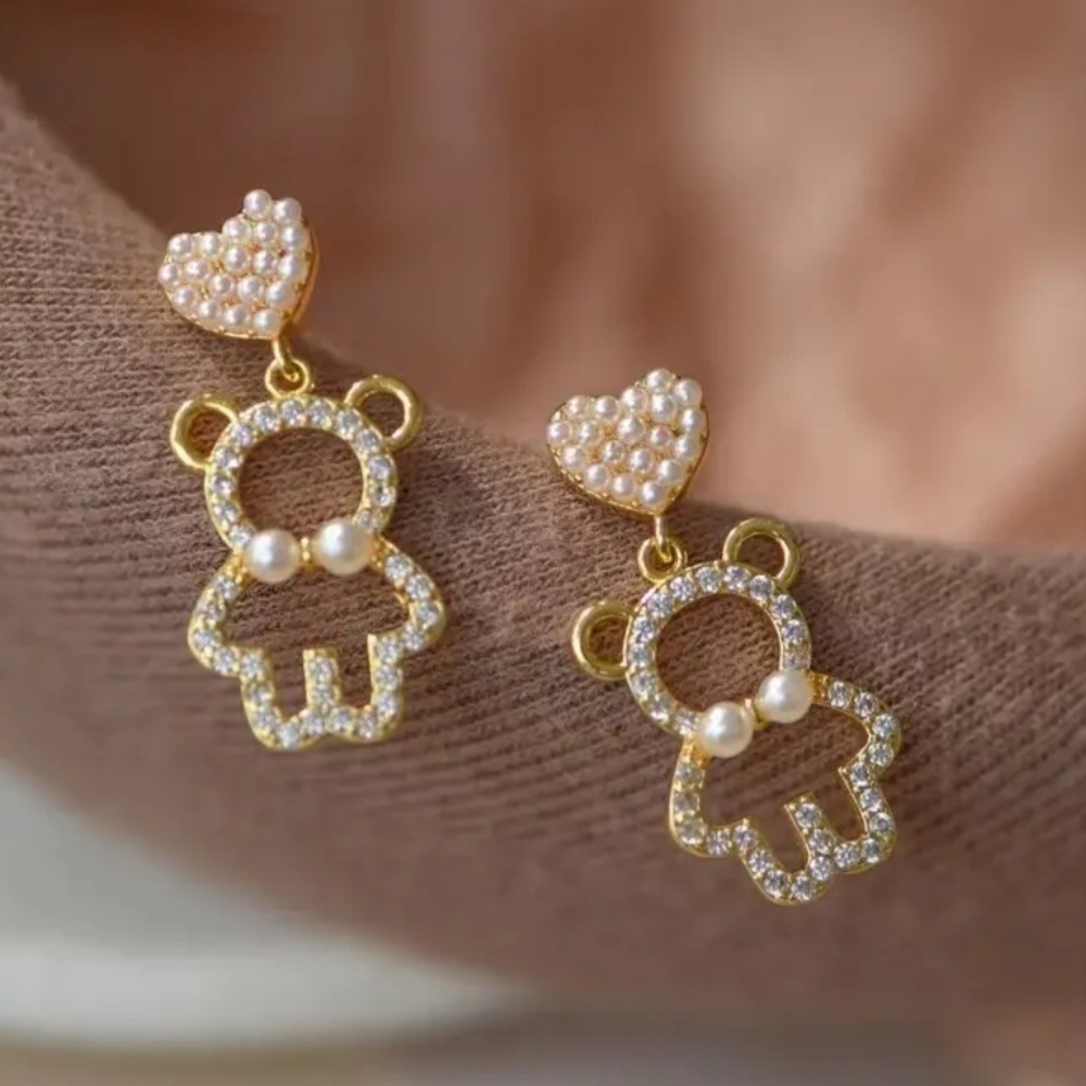 Adorable Gold Bear Earrings with Pearls